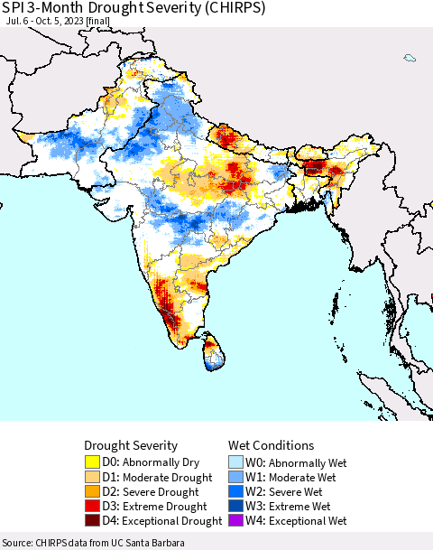 Southern Asia SPI 3-Month Drought Severity (CHIRPS) Thematic Map For 7/6/2023 - 10/5/2023