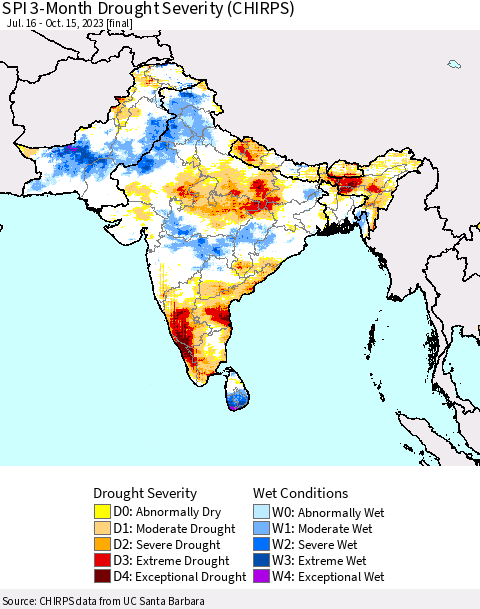 Southern Asia SPI 3-Month Drought Severity (CHIRPS) Thematic Map For 7/16/2023 - 10/15/2023