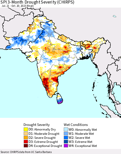 Southern Asia SPI 3-Month Drought Severity (CHIRPS) Thematic Map For 7/21/2023 - 10/20/2023