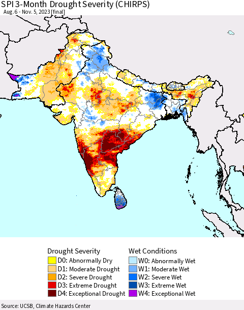 Southern Asia SPI 3-Month Drought Severity (CHIRPS) Thematic Map For 8/6/2023 - 11/5/2023