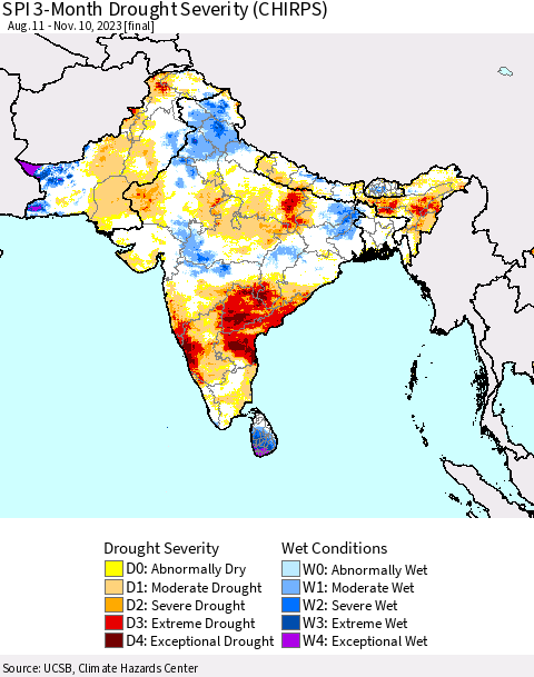 Southern Asia SPI 3-Month Drought Severity (CHIRPS) Thematic Map For 8/11/2023 - 11/10/2023