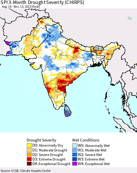 Southern Asia SPI 3-Month Drought Severity (CHIRPS) Thematic Map For 8/16/2023 - 11/15/2023