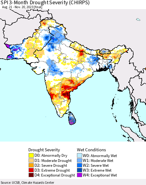 Southern Asia SPI 3-Month Drought Severity (CHIRPS) Thematic Map For 8/21/2023 - 11/20/2023