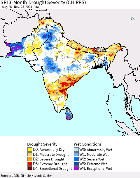 Southern Asia SPI 3-Month Drought Severity (CHIRPS) Thematic Map For 8/26/2023 - 11/25/2023