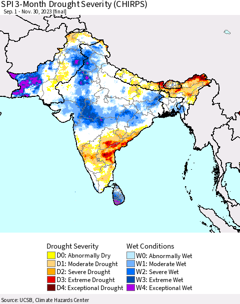 Southern Asia SPI 3-Month Drought Severity (CHIRPS) Thematic Map For 9/1/2023 - 11/30/2023