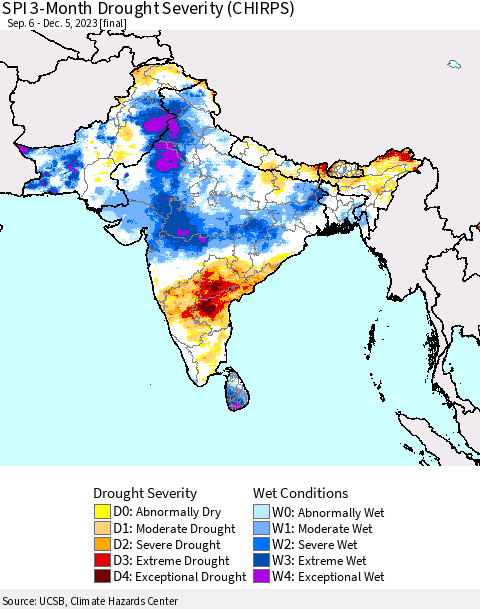 Southern Asia SPI 3-Month Drought Severity (CHIRPS) Thematic Map For 9/6/2023 - 12/5/2023
