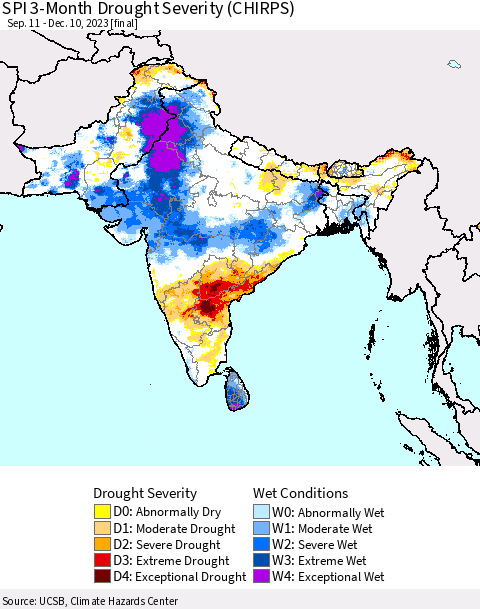 Southern Asia SPI 3-Month Drought Severity (CHIRPS) Thematic Map For 9/11/2023 - 12/10/2023
