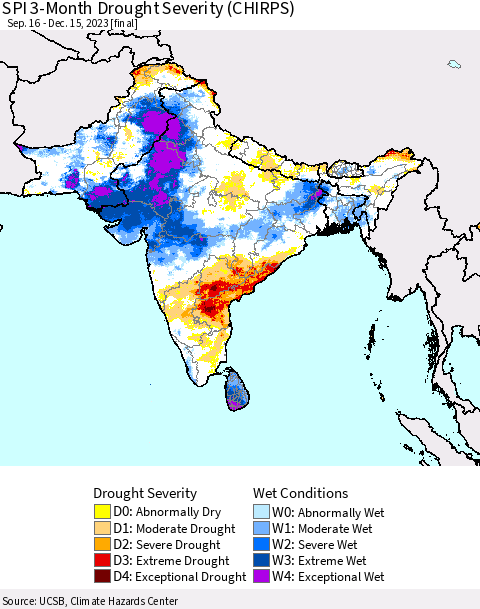 Southern Asia SPI 3-Month Drought Severity (CHIRPS) Thematic Map For 9/16/2023 - 12/15/2023