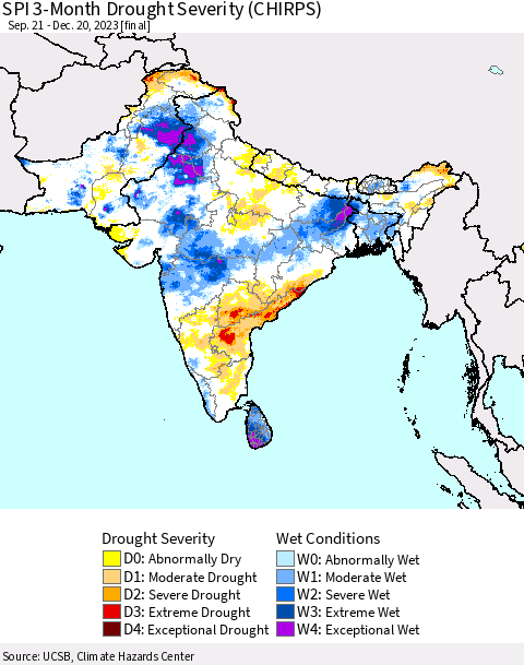 Southern Asia SPI 3-Month Drought Severity (CHIRPS) Thematic Map For 9/21/2023 - 12/20/2023