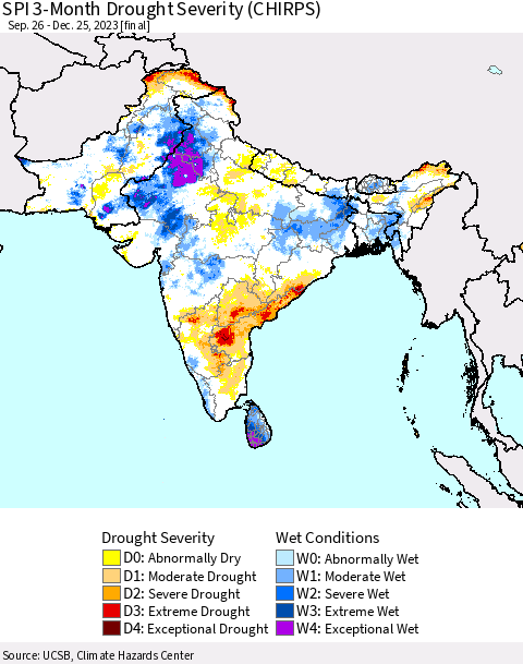 Southern Asia SPI 3-Month Drought Severity (CHIRPS) Thematic Map For 9/26/2023 - 12/25/2023