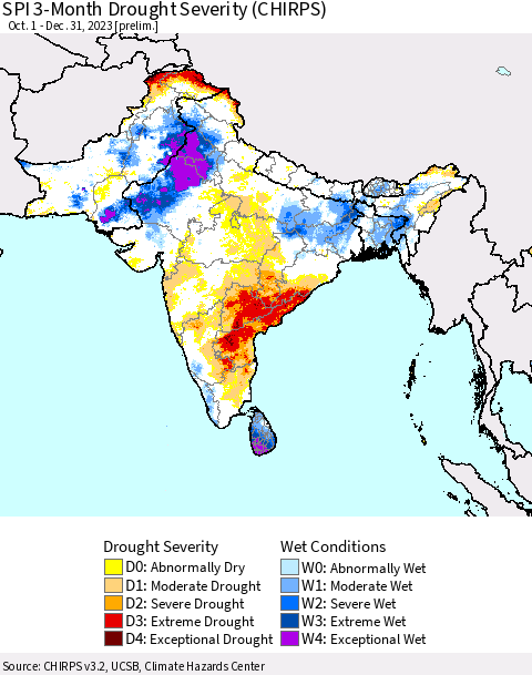 Southern Asia SPI 3-Month Drought Severity (CHIRPS) Thematic Map For 10/1/2023 - 12/31/2023