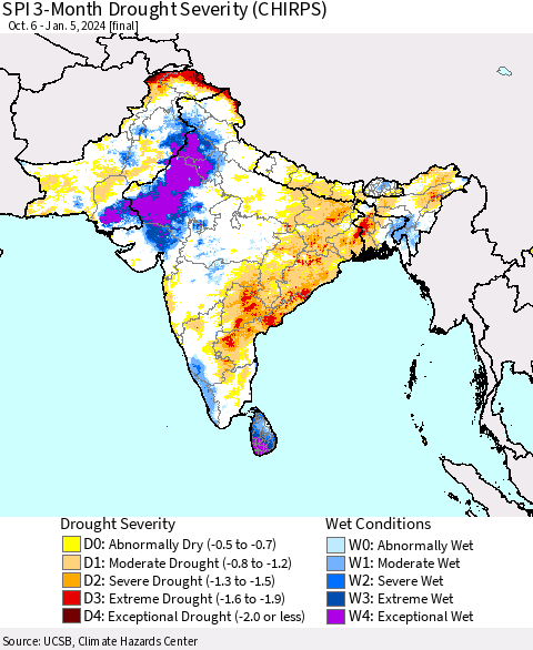 Southern Asia SPI 3-Month Drought Severity (CHIRPS) Thematic Map For 10/6/2023 - 1/5/2024