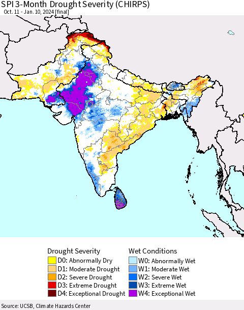 Southern Asia SPI 3-Month Drought Severity (CHIRPS) Thematic Map For 10/11/2023 - 1/10/2024