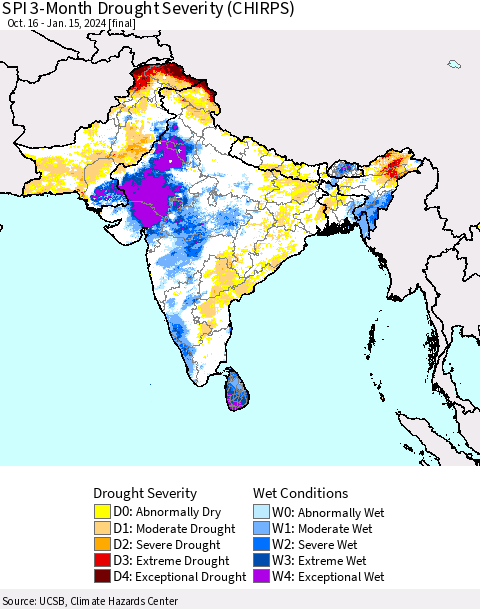 Southern Asia SPI 3-Month Drought Severity (CHIRPS) Thematic Map For 10/16/2023 - 1/15/2024