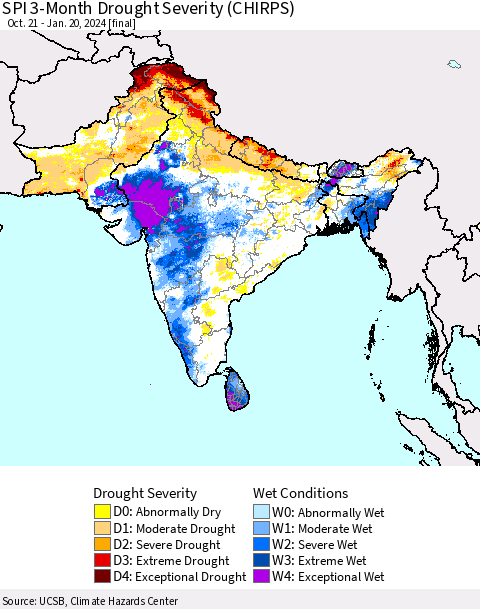 Southern Asia SPI 3-Month Drought Severity (CHIRPS) Thematic Map For 10/21/2023 - 1/20/2024