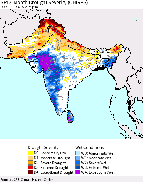 Southern Asia SPI 3-Month Drought Severity (CHIRPS) Thematic Map For 10/26/2023 - 1/25/2024