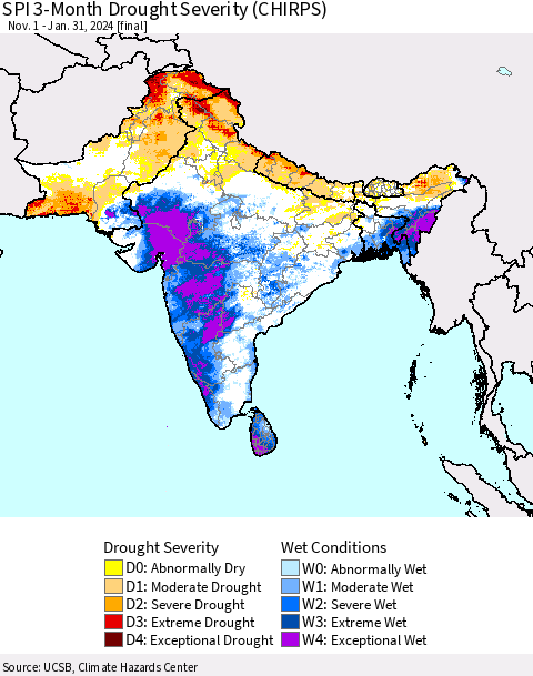 Southern Asia SPI 3-Month Drought Severity (CHIRPS) Thematic Map For 11/1/2023 - 1/31/2024