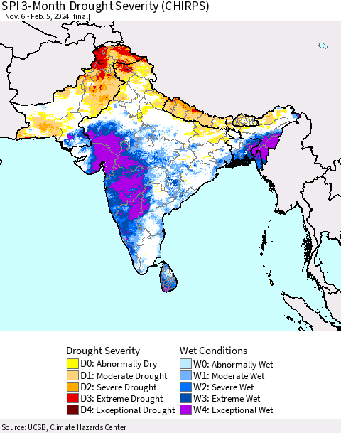 Southern Asia SPI 3-Month Drought Severity (CHIRPS) Thematic Map For 11/6/2023 - 2/5/2024