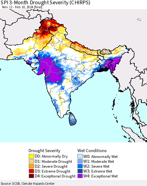 Southern Asia SPI 3-Month Drought Severity (CHIRPS) Thematic Map For 11/11/2023 - 2/10/2024