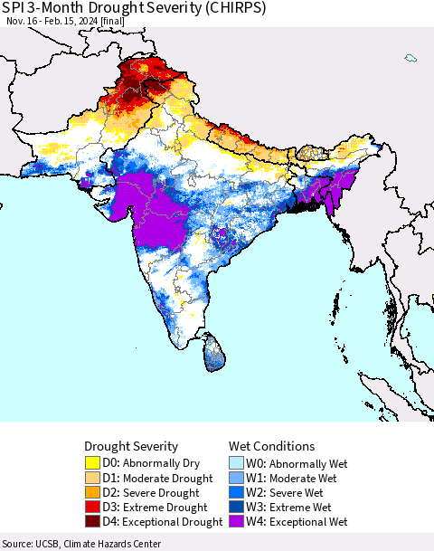 Southern Asia SPI 3-Month Drought Severity (CHIRPS) Thematic Map For 11/16/2023 - 2/15/2024