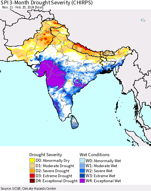 Southern Asia SPI 3-Month Drought Severity (CHIRPS) Thematic Map For 11/21/2023 - 2/20/2024