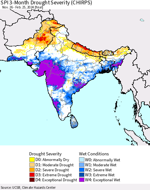 Southern Asia SPI 3-Month Drought Severity (CHIRPS) Thematic Map For 11/26/2023 - 2/25/2024