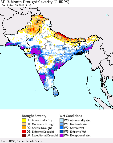 Southern Asia SPI 3-Month Drought Severity (CHIRPS) Thematic Map For 12/1/2023 - 2/29/2024