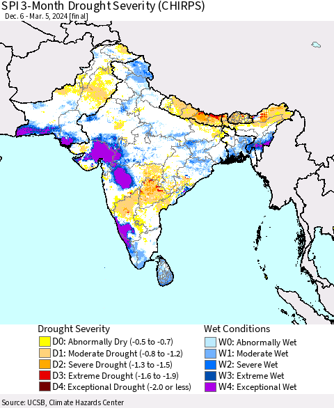Southern Asia SPI 3-Month Drought Severity (CHIRPS) Thematic Map For 12/6/2023 - 3/5/2024