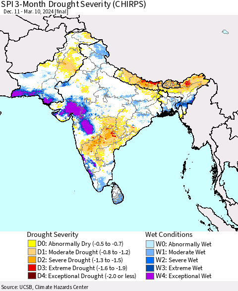 Southern Asia SPI 3-Month Drought Severity (CHIRPS) Thematic Map For 12/11/2023 - 3/10/2024
