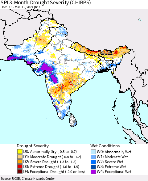 Southern Asia SPI 3-Month Drought Severity (CHIRPS) Thematic Map For 12/16/2023 - 3/15/2024