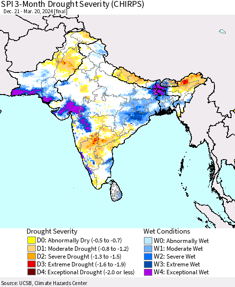 Southern Asia SPI 3-Month Drought Severity (CHIRPS) Thematic Map For 12/21/2023 - 3/20/2024