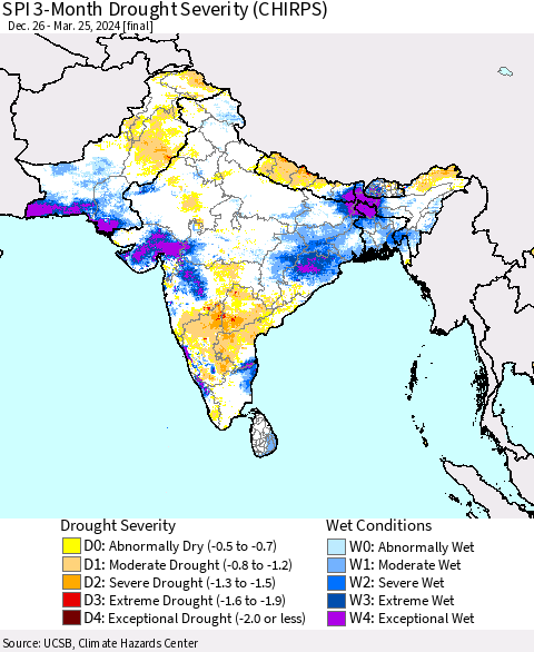 Southern Asia SPI 3-Month Drought Severity (CHIRPS) Thematic Map For 12/26/2023 - 3/25/2024