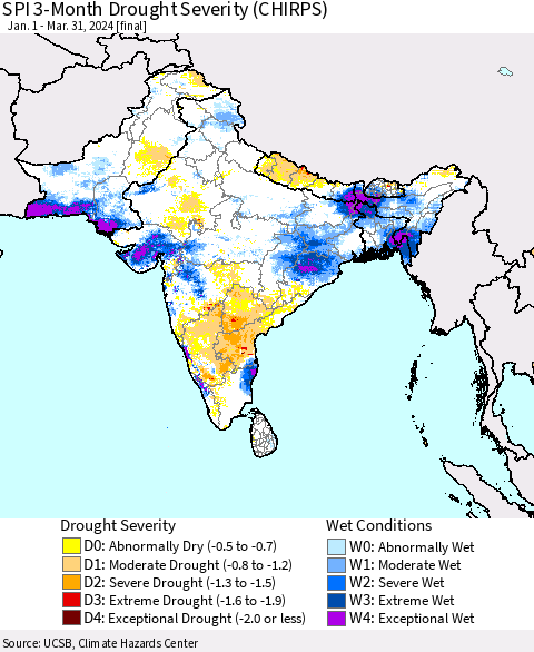 Southern Asia SPI 3-Month Drought Severity (CHIRPS) Thematic Map For 1/1/2024 - 3/31/2024