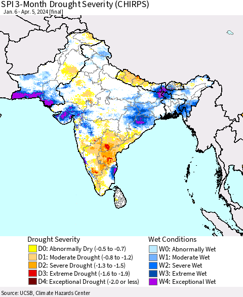 Southern Asia SPI 3-Month Drought Severity (CHIRPS) Thematic Map For 1/6/2024 - 4/5/2024