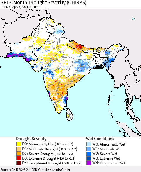 Southern Asia SPI 3-Month Drought Severity (CHIRPS) Thematic Map For 1/6/2024 - 4/5/2024