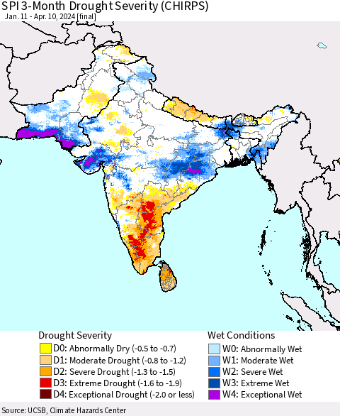 Southern Asia SPI 3-Month Drought Severity (CHIRPS) Thematic Map For 1/11/2024 - 4/10/2024