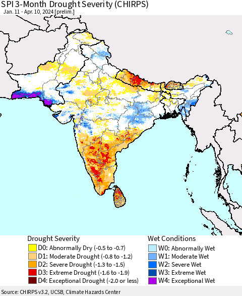 Southern Asia SPI 3-Month Drought Severity (CHIRPS) Thematic Map For 1/11/2024 - 4/10/2024