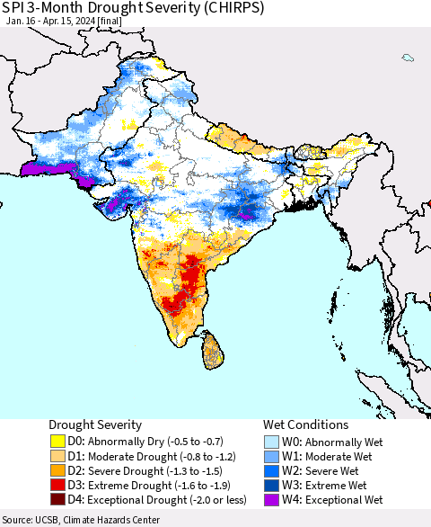 Southern Asia SPI 3-Month Drought Severity (CHIRPS) Thematic Map For 1/16/2024 - 4/15/2024