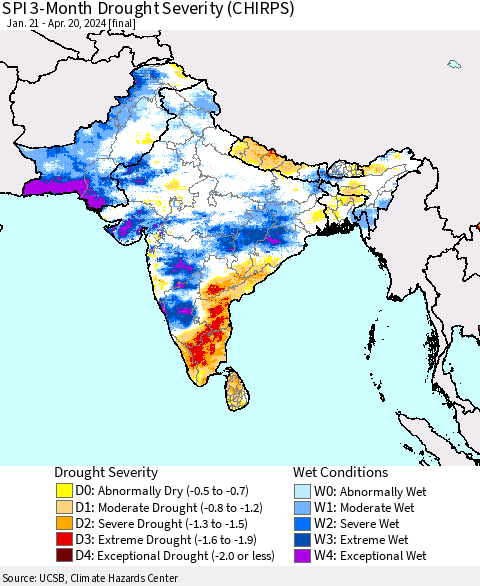 Southern Asia SPI 3-Month Drought Severity (CHIRPS) Thematic Map For 1/21/2024 - 4/20/2024