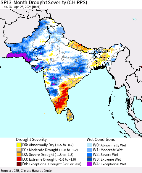 Southern Asia SPI 3-Month Drought Severity (CHIRPS) Thematic Map For 1/26/2024 - 4/25/2024