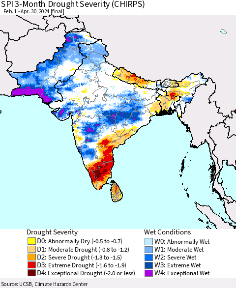 Southern Asia SPI 3-Month Drought Severity (CHIRPS) Thematic Map For 2/1/2024 - 4/30/2024
