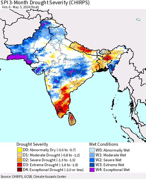 Southern Asia SPI 3-Month Drought Severity (CHIRPS) Thematic Map For 2/6/2024 - 5/5/2024