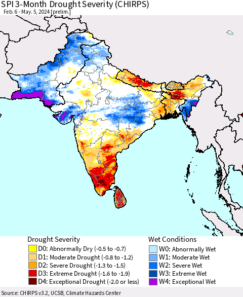 Southern Asia SPI 3-Month Drought Severity (CHIRPS) Thematic Map For 2/6/2024 - 5/5/2024