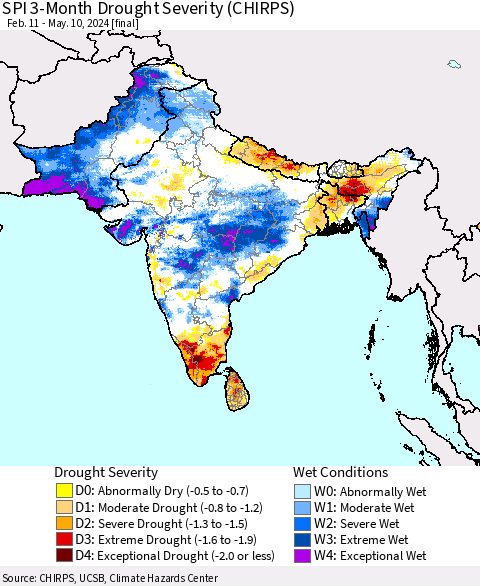 Southern Asia SPI 3-Month Drought Severity (CHIRPS) Thematic Map For 2/11/2024 - 5/10/2024