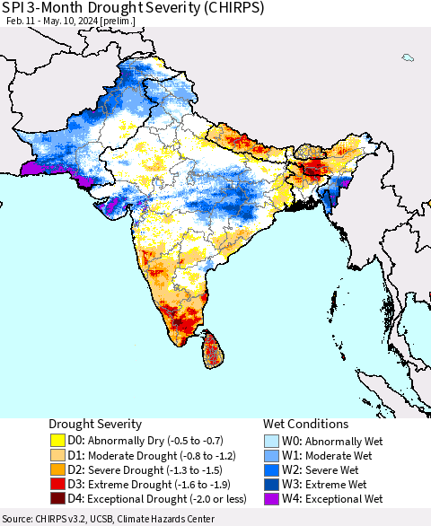 Southern Asia SPI 3-Month Drought Severity (CHIRPS) Thematic Map For 2/11/2024 - 5/10/2024