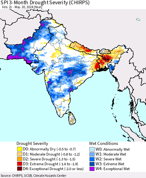 Southern Asia SPI 3-Month Drought Severity (CHIRPS) Thematic Map For 2/21/2024 - 5/20/2024