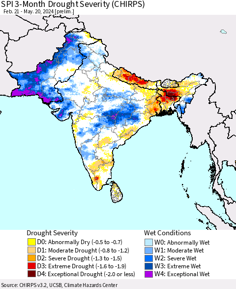 Southern Asia SPI 3-Month Drought Severity (CHIRPS) Thematic Map For 2/21/2024 - 5/20/2024