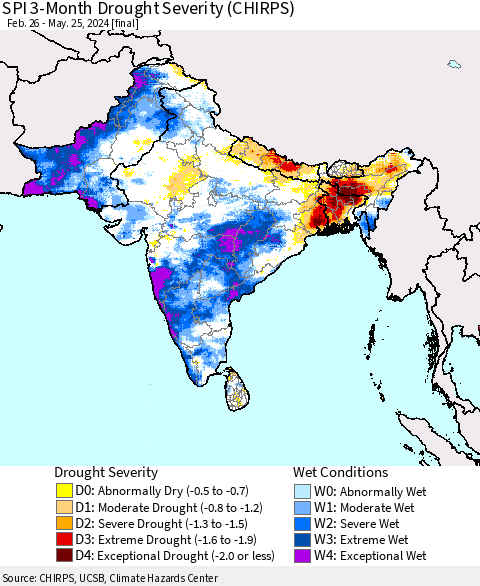 Southern Asia SPI 3-Month Drought Severity (CHIRPS) Thematic Map For 2/26/2024 - 5/25/2024