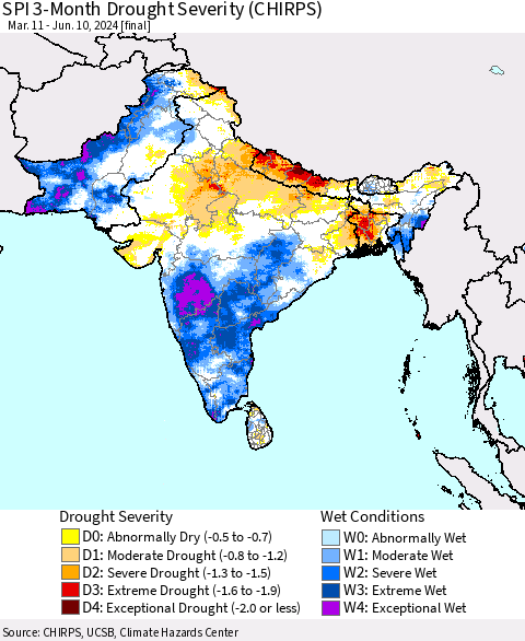 Southern Asia SPI 3-Month Drought Severity (CHIRPS) Thematic Map For 3/11/2024 - 6/10/2024