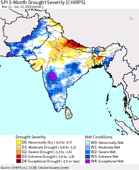 Southern Asia SPI 3-Month Drought Severity (CHIRPS) Thematic Map For 3/11/2024 - 6/10/2024